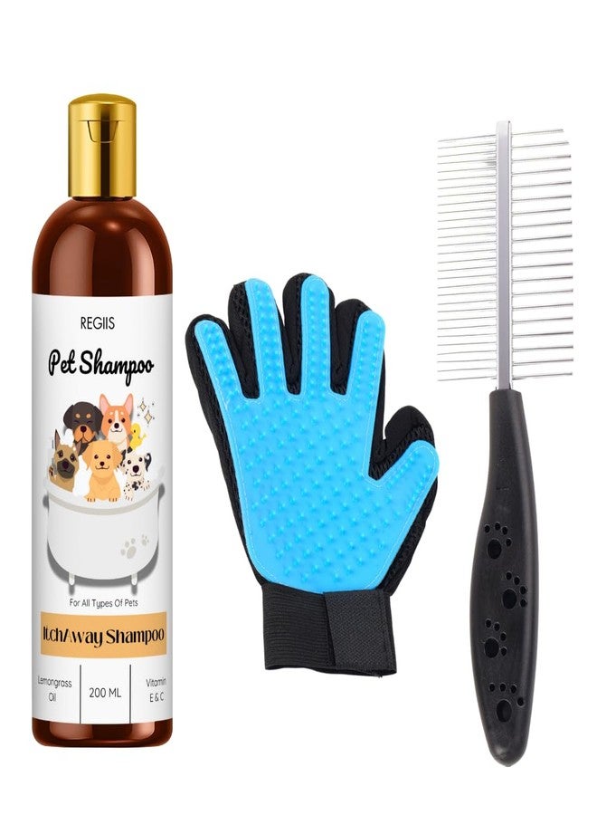 مجموعة العناية بالحيوانات الأليفة مع شامبو مضاد للحكة/هز الشعر 200 مل، وأداة إزالة الشعر الزائد وقفاز للعناية، لجميع أنواع الحيوانات الأليفة (عبوة من 3 قطع) - Image 1